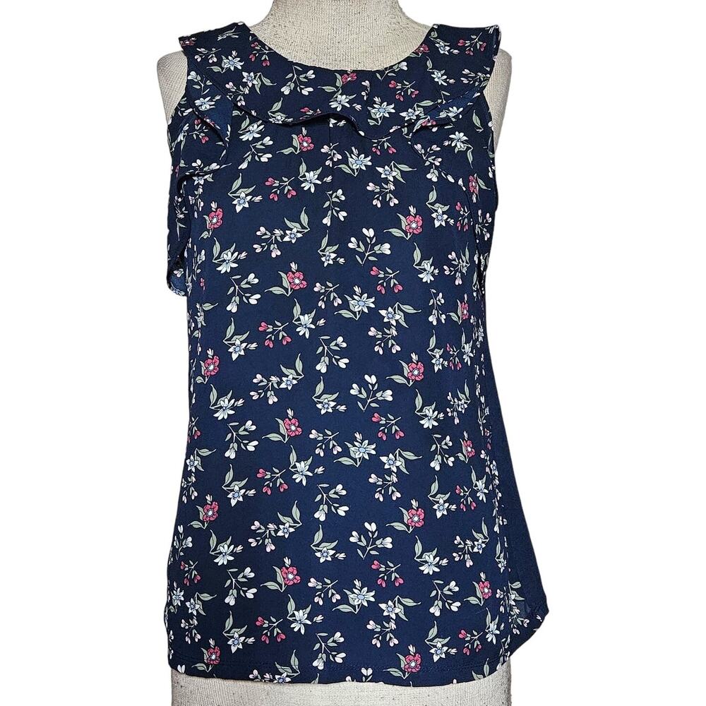 Loft Blue Floral Print Sleeveless Blouse Size Small